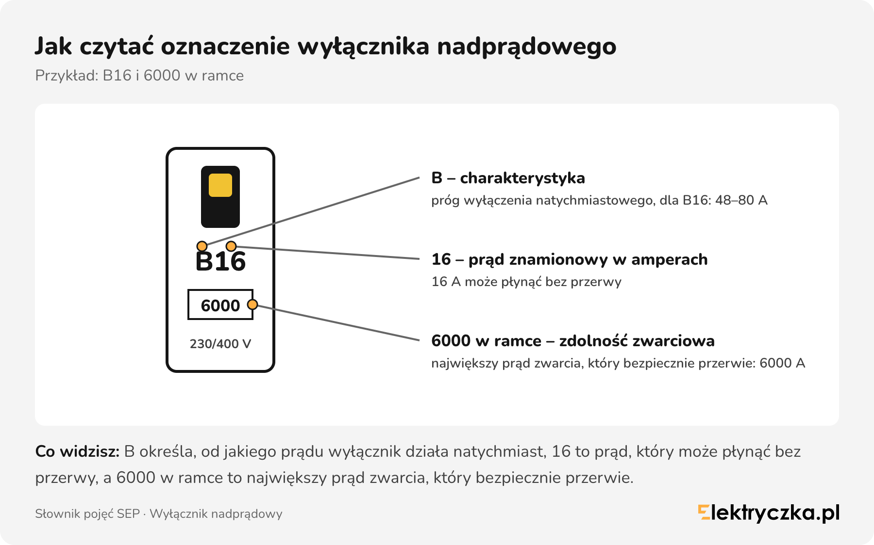 Wyłącznik nadprądowy z opisanymi oznaczeniami: litera B, prąd znamionowy 16 A, zdolność zwarciowa 6000 A